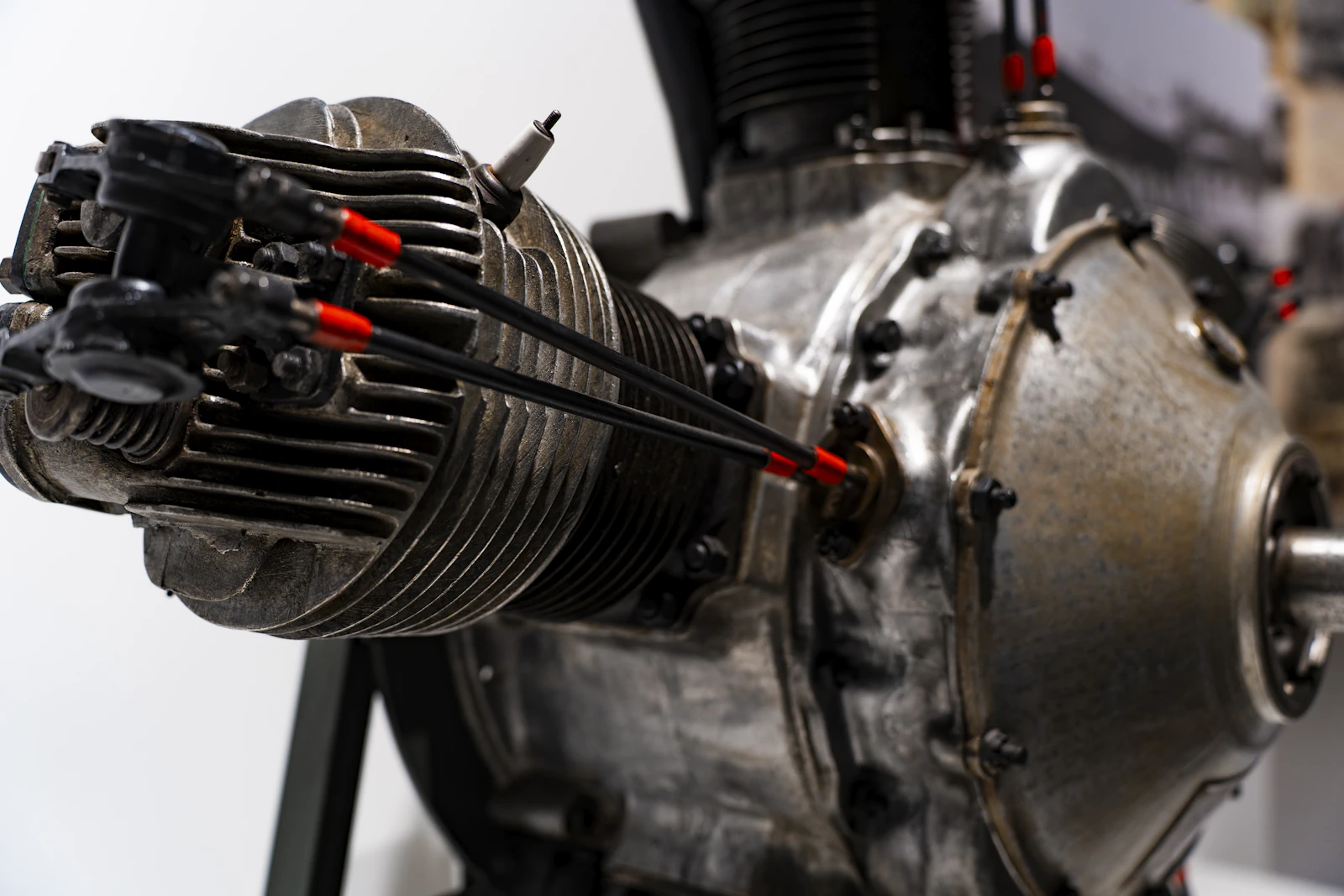 Close-up of a vintage aircraft engine.